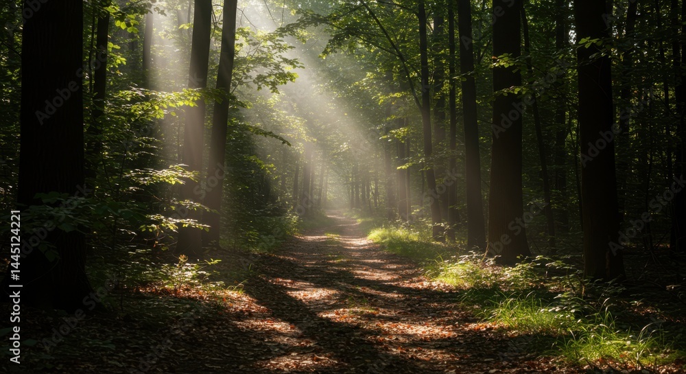 Fototapeta premium Sunlight shining through trees in forest path