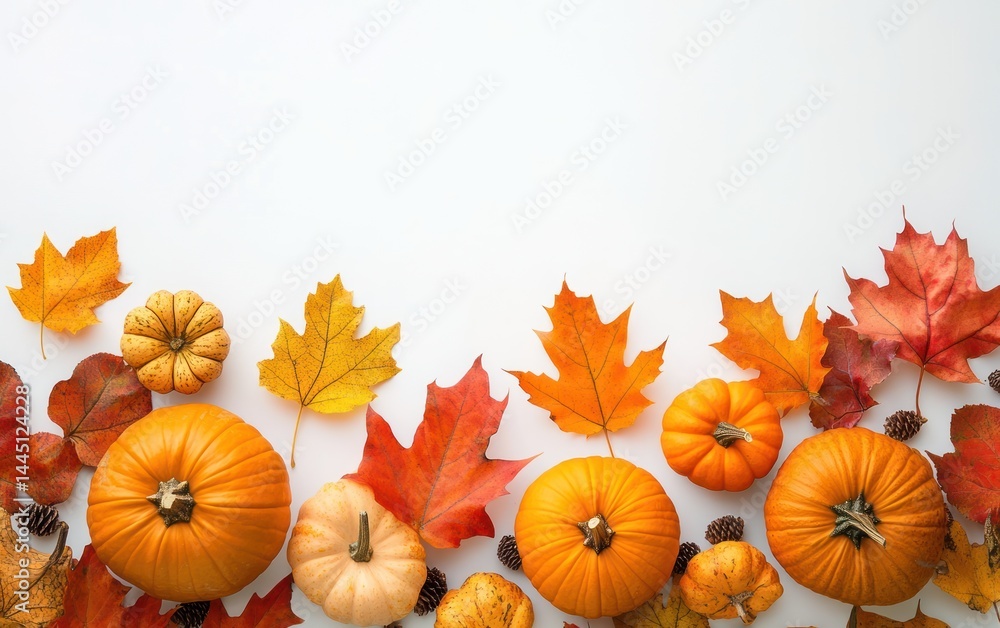A fall harvest display of pumpkins, gourds, and colorful leaves on a white background. A fall harvest display of pumpkins, gourds, and colorful leaves on a white background.
