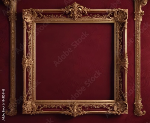 Gilded frame with swirling flourishes against plush burgundy velvet  , vintage, velvet