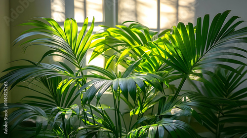 Sunlit Majesty: A Kentia Palm Bathed in Morning Light by a Windo
