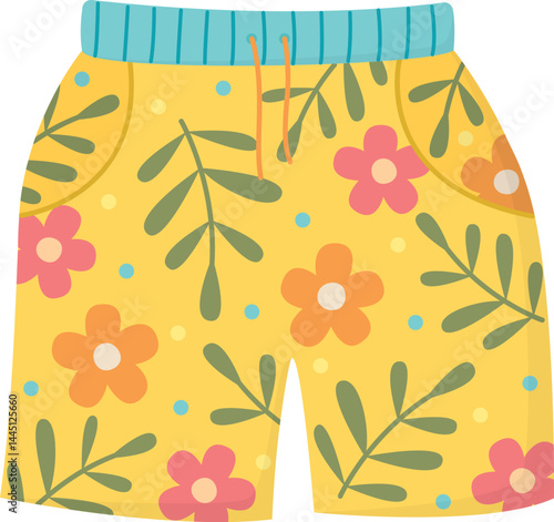 Colorful stylish summer shorts isolated on white. Illustration of cute beachwear with flowers and leaves