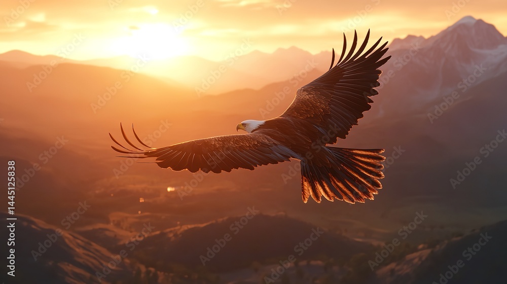 Majestic eagle soaring at sunset over majestic mountains golden light blurred background