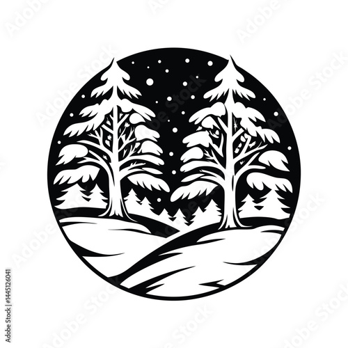 Winter Landscape with Snow Covered Pine Trees, Silhouette Forest in Circular