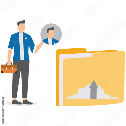 Man uploading image or file document to huge folder of cloud storage