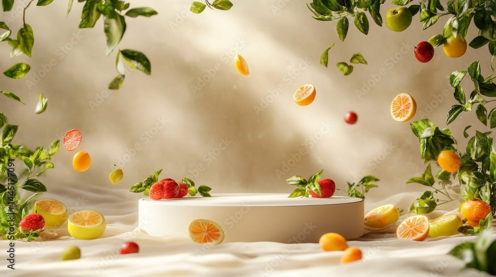 Floating Citrus Fruits and Berries on Beige Background Floating Citrus Fruits and Berries on Beige Background