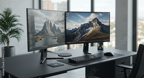 An organized black desk setup in a modern office with dual monitors showing nature.
