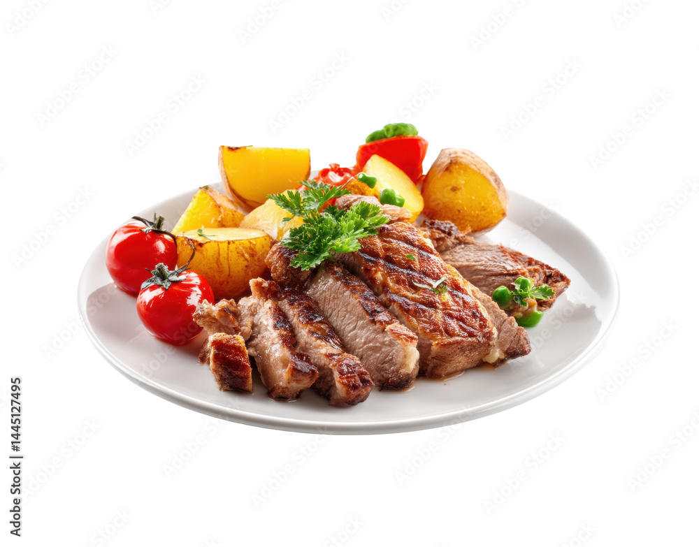 Grilled steak with vegetables and herbs for a flavorful meal, cut out Grilled steak with vegetables and herbs for a flavorful meal, cut out