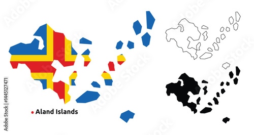 Aland Islands Map Vector - Country Outline, Flag Inside Map, Blank and Silhouette Version
