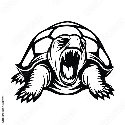 Aggressive Snapping Turtle Silhouette Vector, Open Mouth, Grassy Tuft, Bold Outline