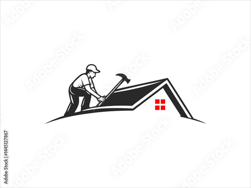 A black and white illustration depicts a skilled worker meticulously performing roofing work on a house's pitched roof.