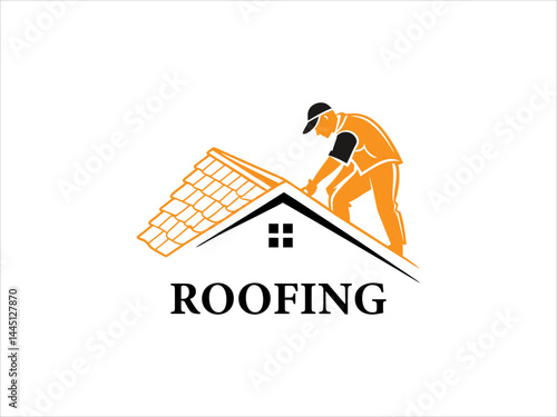 A black and white illustration depicts a skilled worker meticulously performing roofing work on a house's pitched roof.