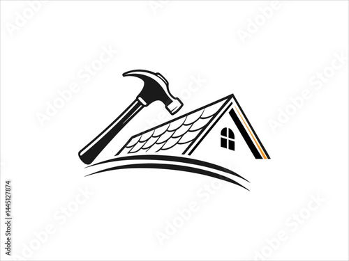 A black and white illustration depicts a skilled worker meticulously performing roofing work on a house's pitched roof.