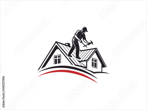 A black and white illustration depicts a skilled worker meticulously performing roofing work on a house's pitched roof.