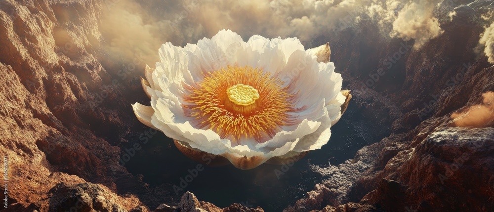 A flower is growing in a rocky area