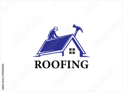 A black and white illustration depicts a skilled worker meticulously performing roofing work on a house's pitched roof.
