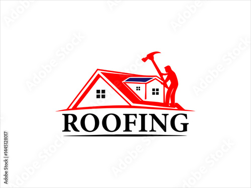 A black and white illustration depicts a skilled worker meticulously performing roofing work on a house's pitched roof.