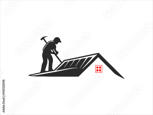 A black and white illustration depicts a skilled worker meticulously performing roofing work on a house's pitched roof.