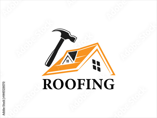 A black and white illustration depicts a skilled worker meticulously performing roofing work on a house's pitched roof.