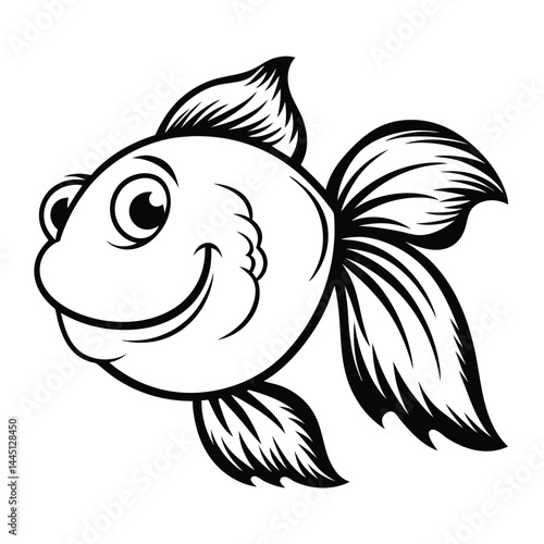Happy Goldfish Cartoon Aquatic Animal with Smile and Big Fins in Black Outlines