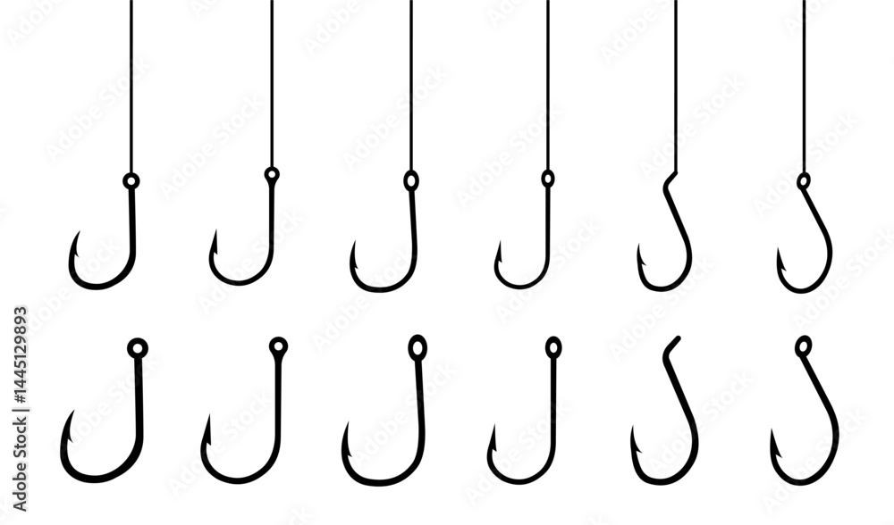 Fishing hooks. Set of fishing hooks vector illustration. Hook vector icons. Fish symbol or logo. Fishing hooks. Set of fishing hooks vector illustration. Hook vector icons. Fish symbol or logo.