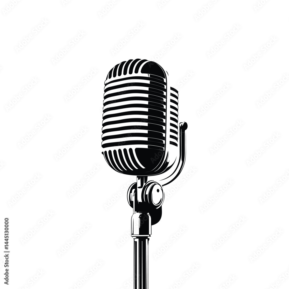 Fototapeta premium Vintage Retro Microphone Vector Illustration. Classic Black and White Audio Equipment Design for Music, Podcast, or Radio Projects. Old microphone vector sign