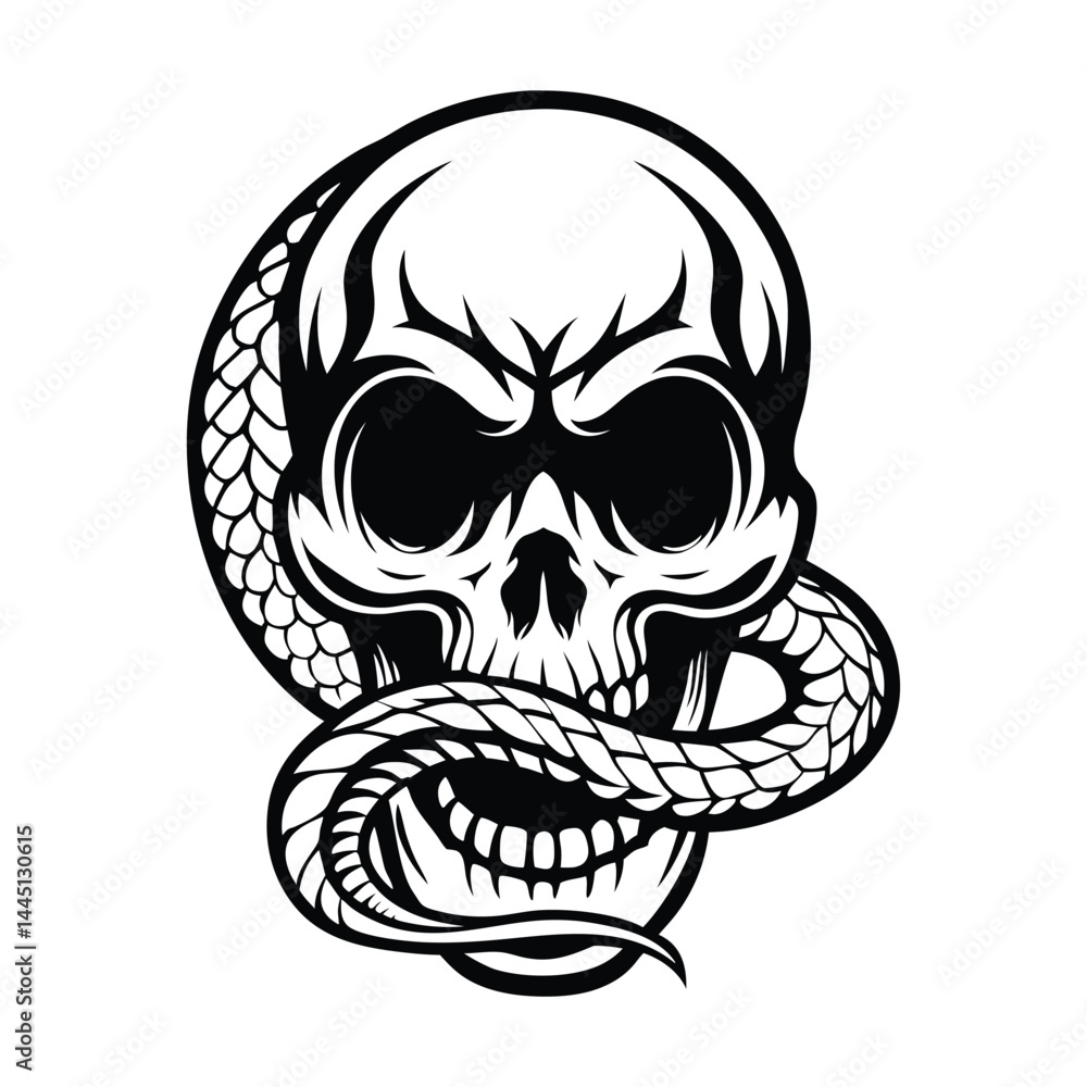 Fototapeta premium Skull and Snake Black Illustration, monochrome Tattoo Style Reptile Serpent Coiled Art