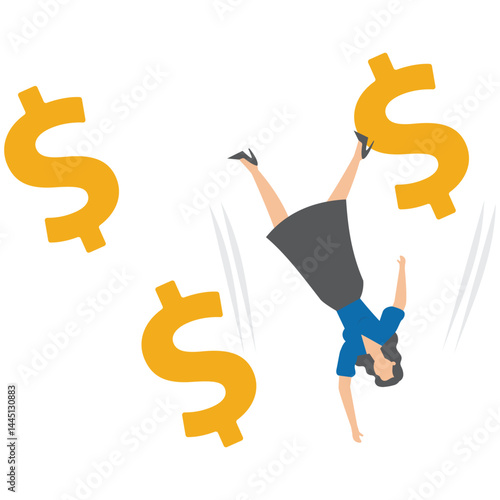 Dollar economic or Monetary policy crisis concept, businesswoman falling with dollar coin symbol