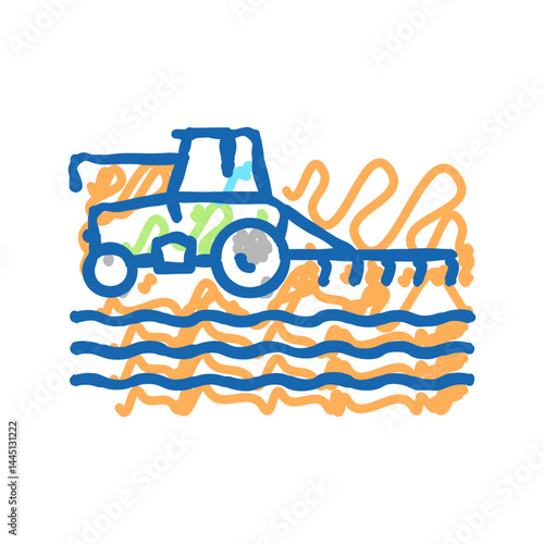 tractor cultivating field icon doodle illustration