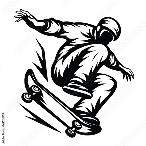 Silhouette Skateboarder Catching Air Black and White Action Sport