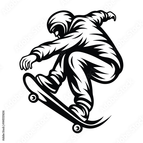 Monochrome Stylized Skateboarder MidAir, Action Stance, Black Outline