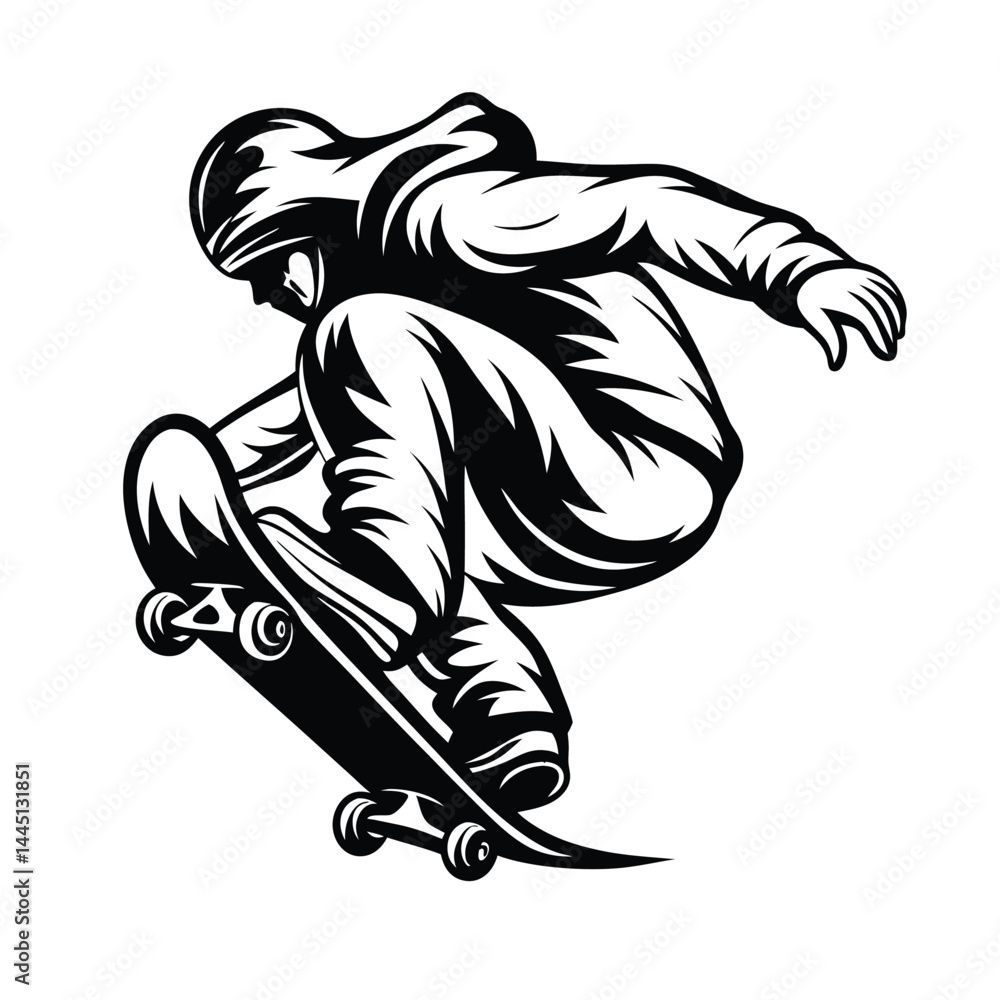 Fototapeta premium Monochrome Skateboarder Silhouette Performing Trick Black & White Extreme Sport Style