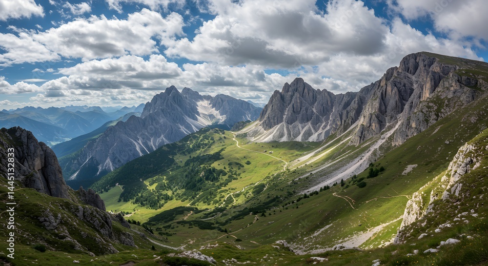 Majestic Mountain Valley Panorama under a Cloudy Sky Majestic Mountain Valley Panorama under a Cloudy Sky