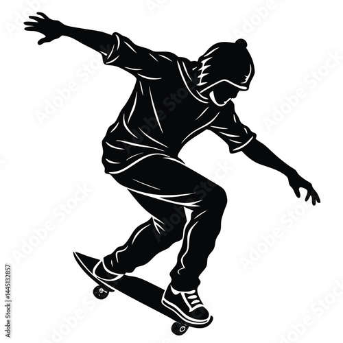 Silhouette of Skateboarder Wearing Hoodie Performing Trick, Action Sports, Isolated