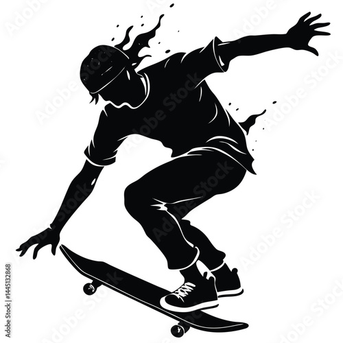 Silhouette Skateboarder Performing Trick with Energy Burst, Isolated on White Background