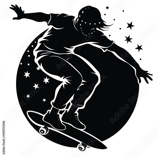 Stylish Skateboarder Silhouette with Stars, Black and White Freestyle Skateboarding Art