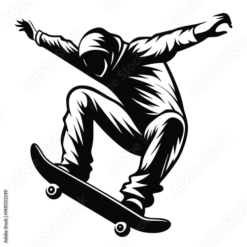 Skateboarder Silhouette Teenager in Hoodie Performs Aerial Trick Jump