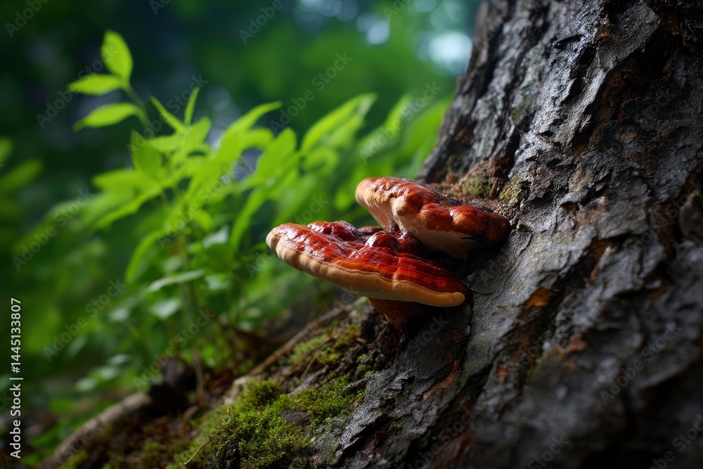 Red Reishi Mushroom Growing on Tree Red Reishi Mushroom Growing on Tree