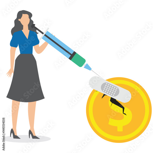 Businesswoman carrying syringe of money medicine to inject broke dollar coin