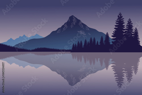 Serene Mountain Lake Reflection, Tranquil Wilderness Illustration, Scenic Nature Landscape of Pine Trees and Misty Mountains, Peaceful Outdoor Adventure.