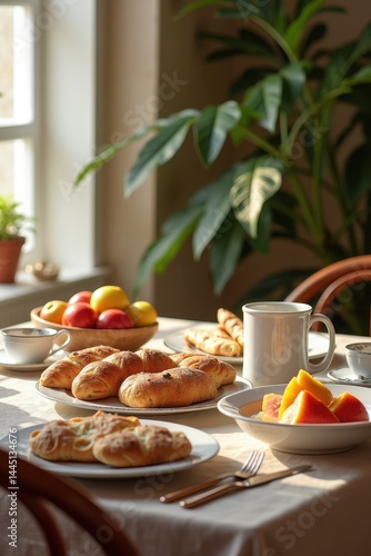 Wallpaper Mural Cozy breakfast setting with pastries fruits in sunny kitchen Torontodigital.ca