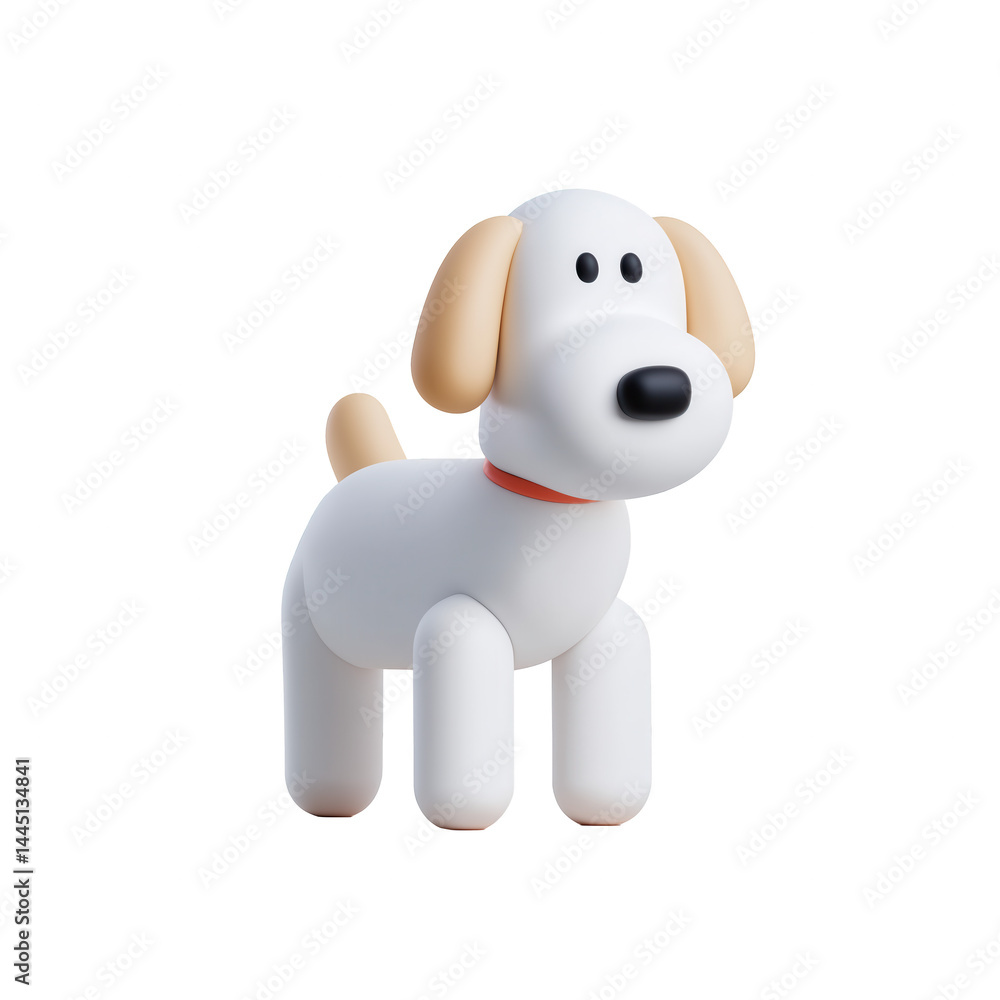 Cute simple dog 3d illustration with beige ears and tail, white body, and red collar Cute simple dog 3d illustration with beige ears and tail, white body, and red collar