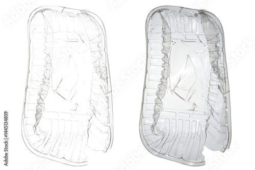 Crushed plastic disposable food container isolated.