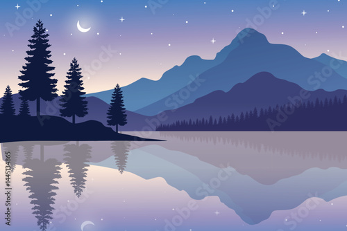 Serene Mountain Lake Reflection With Starry Sky, Tranquil Wilderness Illustration, Scenic Nature Landscape of Pine Trees and Misty Mountains, Peaceful Outdoor Adventure.