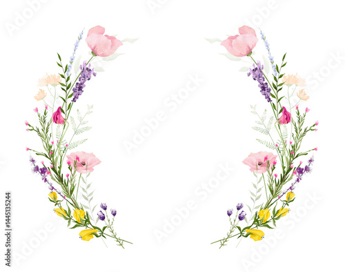 Watercolor floral symmetric wreath frame. Diverse meadow pink poppies, violet lavender, yellow flowers, green branches. Hand drawn style illustration. Artistic template design.