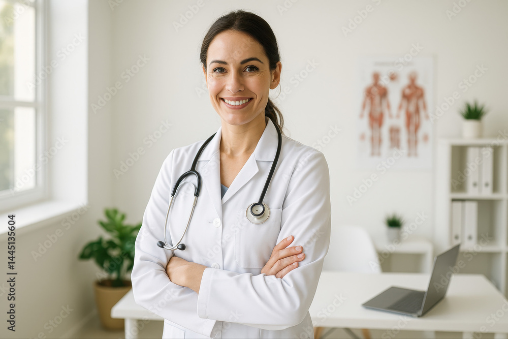 Portrait professionnel d'une femme médecin souriante en blouse blanche, bras croisés, dans un cabinet lumineux et moderne avec stéthoscope au cou Portrait professionnel d'une femme médecin souriante en blouse blanche, bras croisés, dans un cabinet lumineux et moderne avec stéthoscope au cou