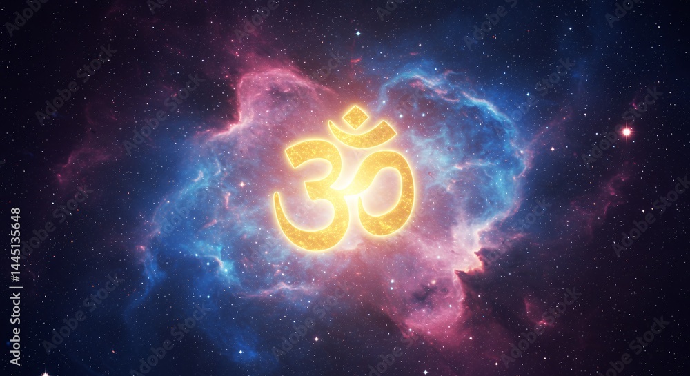 Fototapeta premium Golden symbol floating in a universe of swirling nebulas and stars