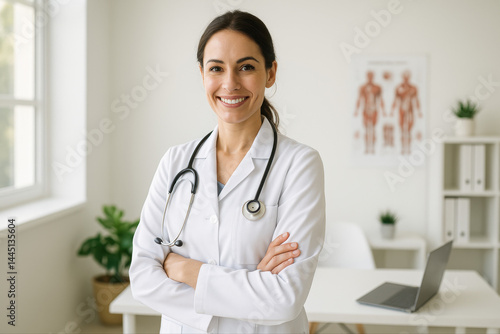 Portrait professionnel d'une femme médecin souriante en blouse blanche, bras croisés, dans un cabinet lumineux et moderne avec stéthoscope au cou