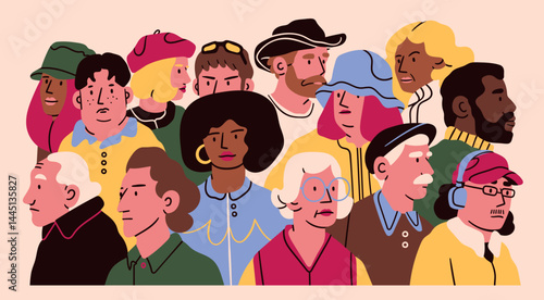 Crowd of different people stand side by side. Diverse multicultural, multiracial people. Cartoon style characters. Teamwork, togetherness, community concept. Hand drawn colorful Vector illustration