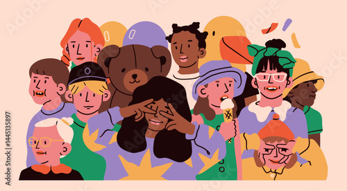 Crowd of different joyful kids, bear, duck. Diverse multicultural, multiracial children. Cartoon style characters. Happiness, childhood, friendship concept. Hand drawn colorful Vector illustration