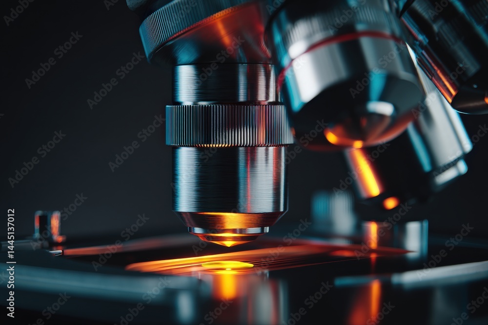 Close-up of a microscope's objective lens, illuminated with warm light. Precision engineering and scientific exploration. Close-up of a microscope's objective lens, illuminated with warm light. Precision engineering and scientific exploration.